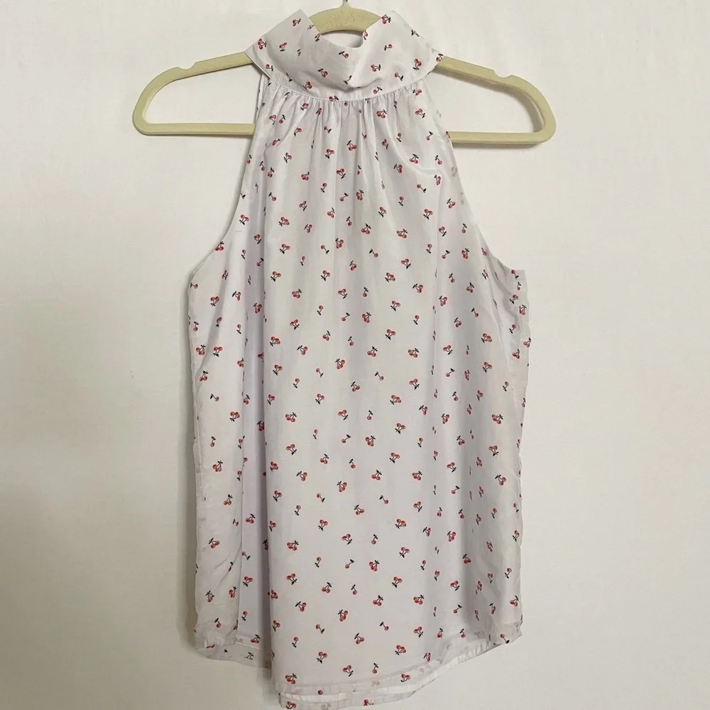 J. Crew Silk Blend Cherry Print Sleeveless HighTie Neck Halter Blouse Top